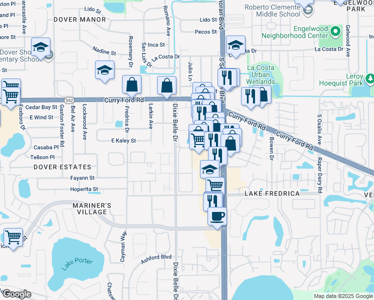 map of restaurants, bars, coffee shops, grocery stores, and more near 1997 Dixie Belle Drive in Orlando