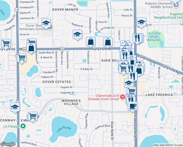 map of restaurants, bars, coffee shops, grocery stores, and more near 5314 East Kaley Street in Orlando