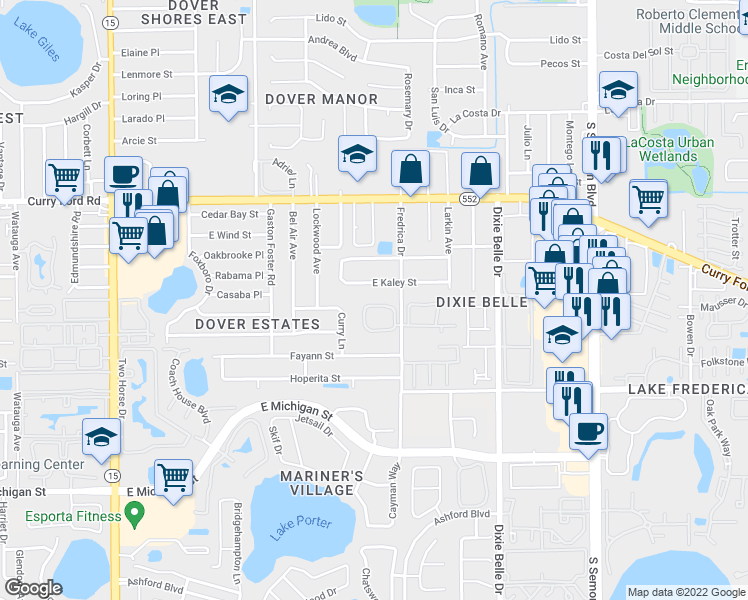 map of restaurants, bars, coffee shops, grocery stores, and more near 5252 East Kaley Street in Orlando