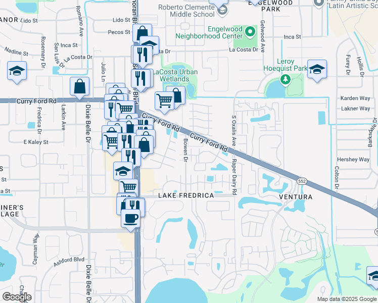map of restaurants, bars, coffee shops, grocery stores, and more near 5901 Mausser Drive in Orlando