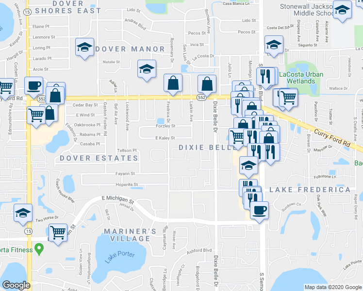 map of restaurants, bars, coffee shops, grocery stores, and more near 5314 East Kaley Street in Orlando