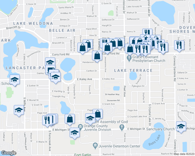 map of restaurants, bars, coffee shops, grocery stores, and more near 2300 Carlton Drive in Orlando