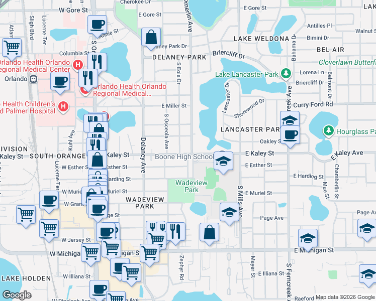 map of restaurants, bars, coffee shops, grocery stores, and more near 1821 South Eola Drive in Orlando