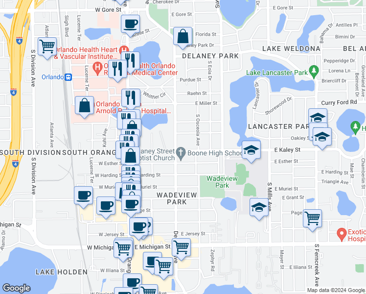 map of restaurants, bars, coffee shops, grocery stores, and more near 1817 Delaney Avenue in Orlando