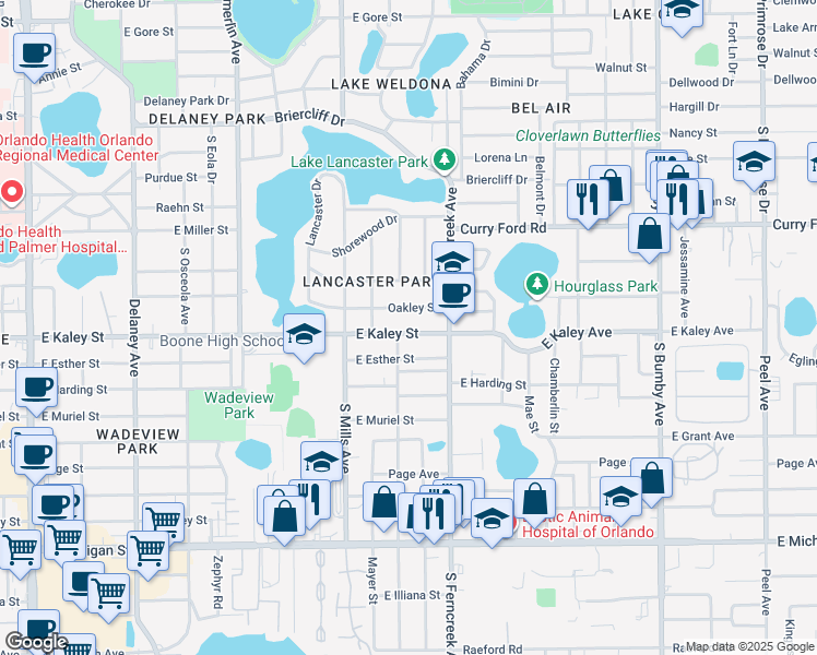 map of restaurants, bars, coffee shops, grocery stores, and more near 1408 Oakley Street in Orlando
