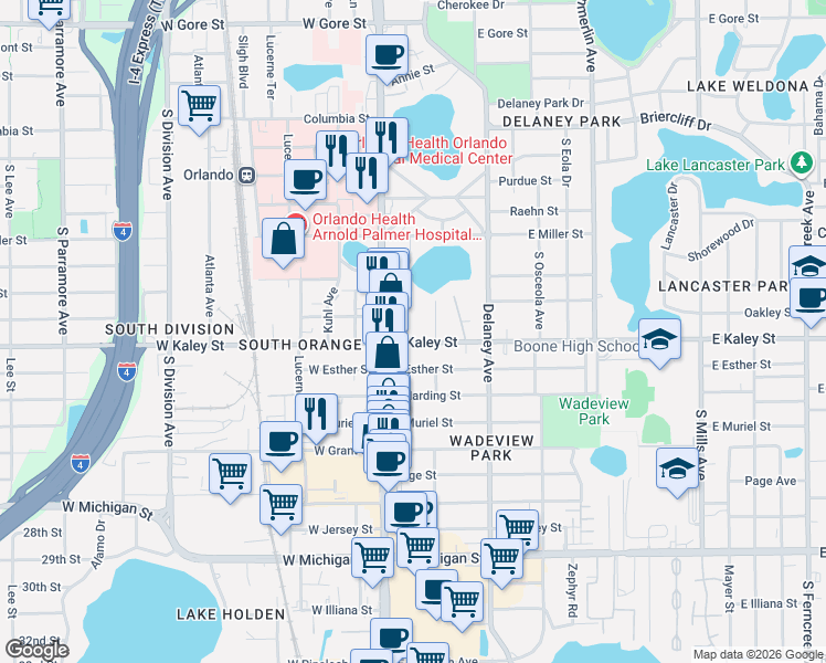 map of restaurants, bars, coffee shops, grocery stores, and more near 1833 Hollenbeck Drive in Orlando
