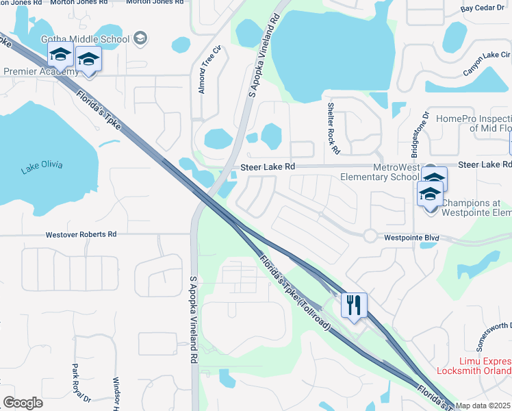 map of restaurants, bars, coffee shops, grocery stores, and more near 1812 Westpointe Circle in Orlando
