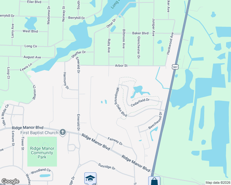 map of restaurants, bars, coffee shops, grocery stores, and more near 34334 Whispering Oaks Boulevard in Ridge Manor