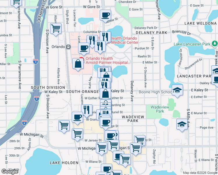 map of restaurants, bars, coffee shops, grocery stores, and more near 1833 Hollenbeck Drive in Orlando