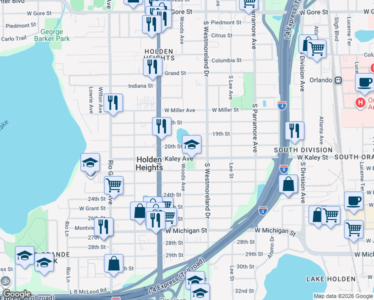 map of restaurants, bars, coffee shops, grocery stores, and more near 1032 20th Street in Orlando
