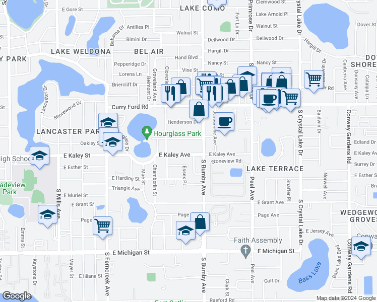 map of restaurants, bars, coffee shops, grocery stores, and more near 2233 East Kaley Avenue in Orlando