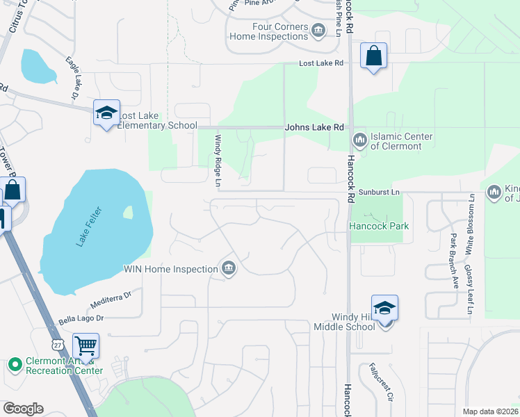map of restaurants, bars, coffee shops, grocery stores, and more near 4108 Capland Avenue in Clermont