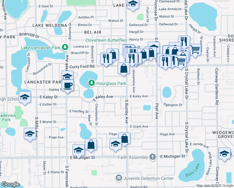 map of restaurants, bars, coffee shops, grocery stores, and more near 2233 East Kaley Avenue in Orlando