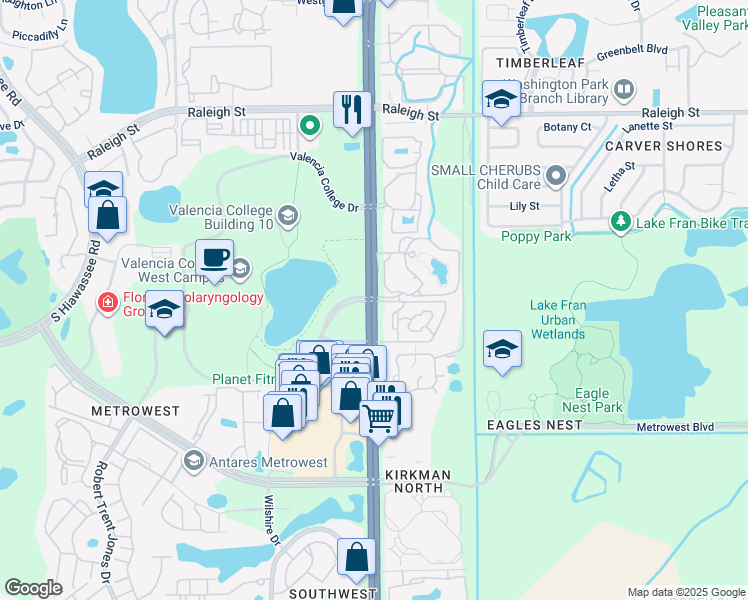 map of restaurants, bars, coffee shops, grocery stores, and more near 1801 South Kirkman Road in Orlando