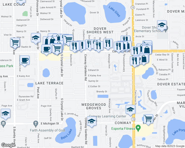 map of restaurants, bars, coffee shops, grocery stores, and more near 3708 Edland Drive in Orlando