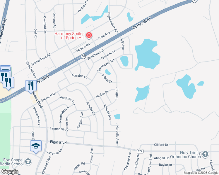 map of restaurants, bars, coffee shops, grocery stores, and more near 10256 Jollett Street in Brooksville