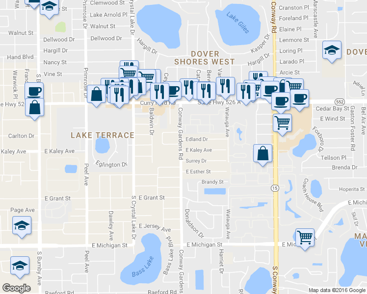map of restaurants, bars, coffee shops, grocery stores, and more near 3603 East Kaley Avenue in Orlando