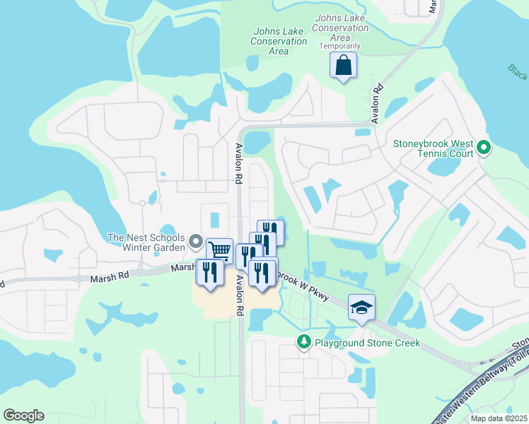 map of restaurants, bars, coffee shops, grocery stores, and more near 1236 Priory Circle in Winter Garden