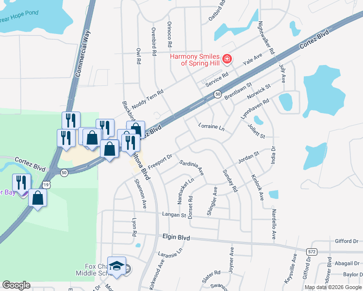 map of restaurants, bars, coffee shops, grocery stores, and more near 6289 Freeport Drive in Spring Hill