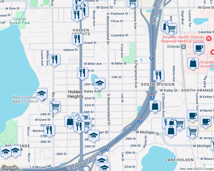 map of restaurants, bars, coffee shops, grocery stores, and more near 1004 20th Street in Orlando