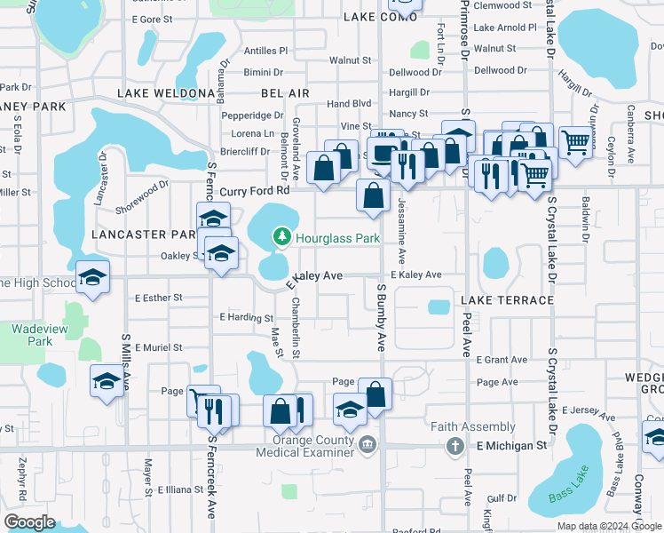 map of restaurants, bars, coffee shops, grocery stores, and more near 2015 East Kaley Avenue in Orlando
