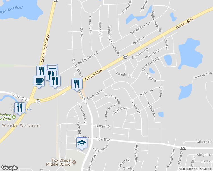 map of restaurants, bars, coffee shops, grocery stores, and more near 6289 Freeport Drive in Spring Hill