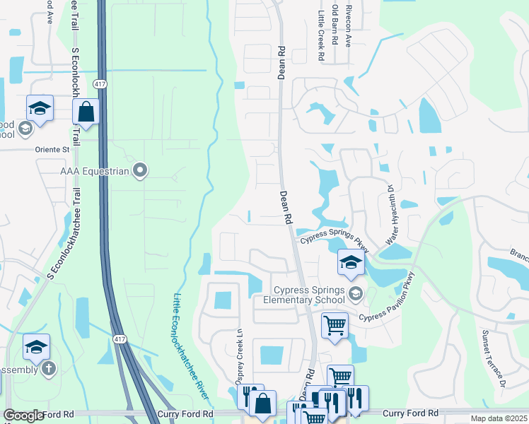 map of restaurants, bars, coffee shops, grocery stores, and more near 10009 Cypress Meadows Lane in Orlando