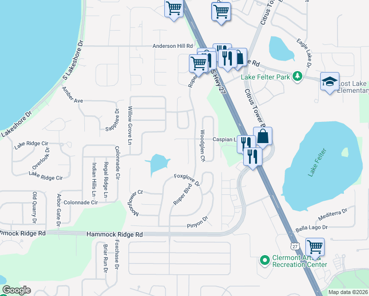 map of restaurants, bars, coffee shops, grocery stores, and more near 11901 Windflower Court in Clermont