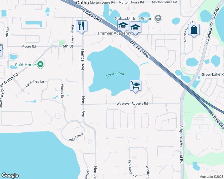 map of restaurants, bars, coffee shops, grocery stores, and more near 9633 Westover Roberts Road in Windermere