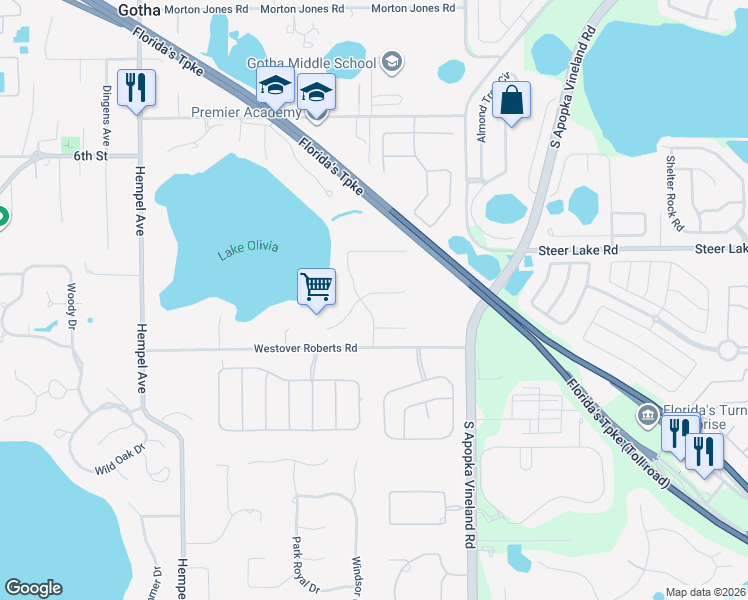 map of restaurants, bars, coffee shops, grocery stores, and more near 9238 McDavid Court in Windermere