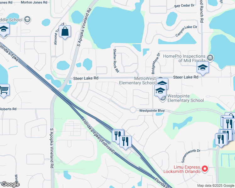map of restaurants, bars, coffee shops, grocery stores, and more near 7770 Glynde Hill Drive in Orlando