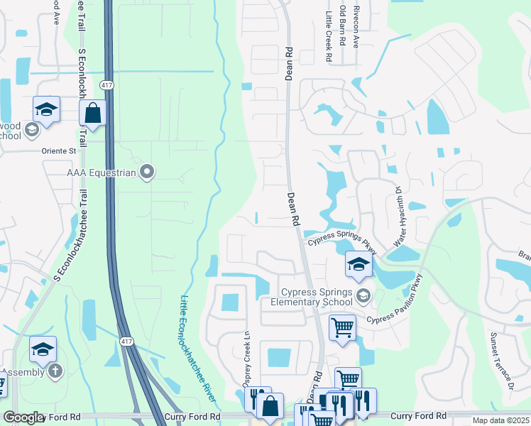 map of restaurants, bars, coffee shops, grocery stores, and more near 10009 Cypress Meadows Lane in Orlando