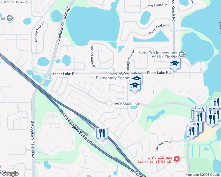 map of restaurants, bars, coffee shops, grocery stores, and more near 7675 Belvoir Drive in Orlando