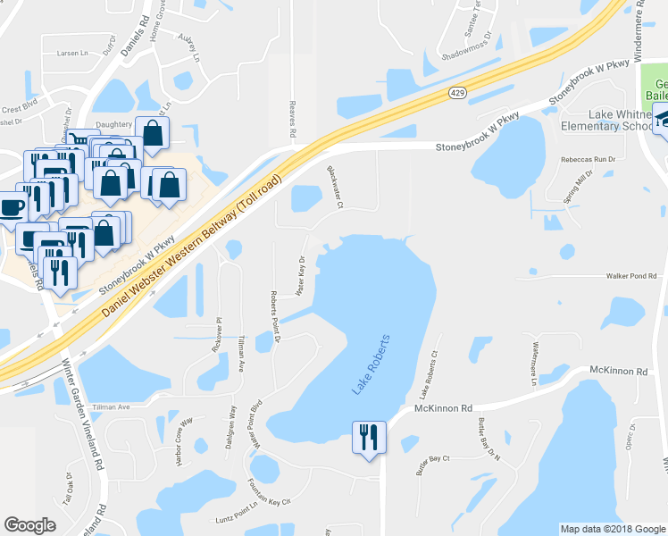 map of restaurants, bars, coffee shops, grocery stores, and more near 2021 Water Key Drive in Windermere
