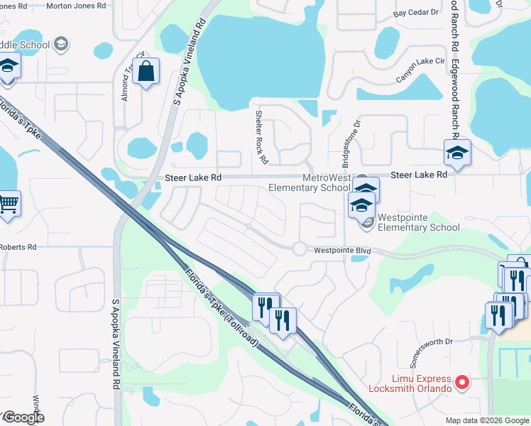 map of restaurants, bars, coffee shops, grocery stores, and more near 7770 Glynde Hill Drive in Orlando