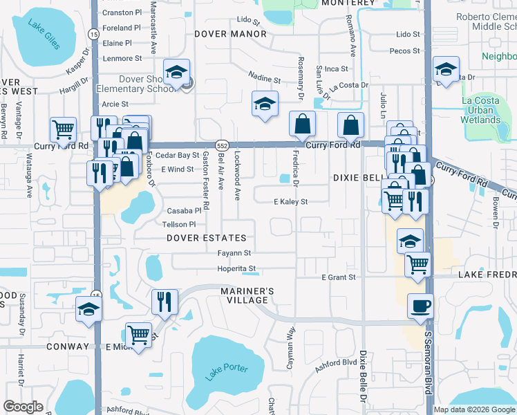 map of restaurants, bars, coffee shops, grocery stores, and more near 5204 East Kaley Street in Orlando