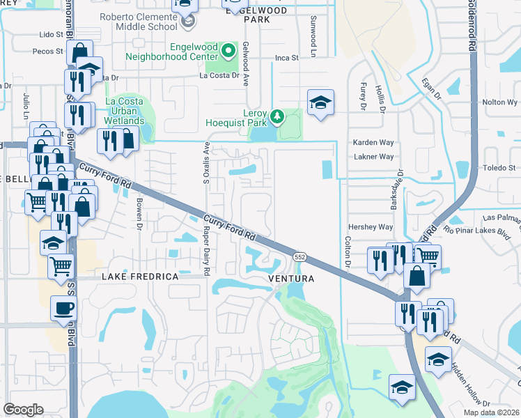 map of restaurants, bars, coffee shops, grocery stores, and more near 6265 Curry Ford Road in Orlando
