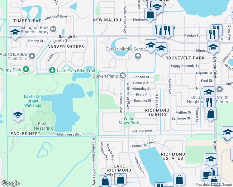 map of restaurants, bars, coffee shops, grocery stores, and more near 1797 Flores Court in Orlando