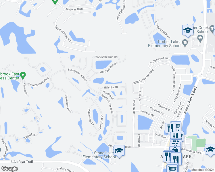 map of restaurants, bars, coffee shops, grocery stores, and more near 2272 Hillshire Drive in Orlando