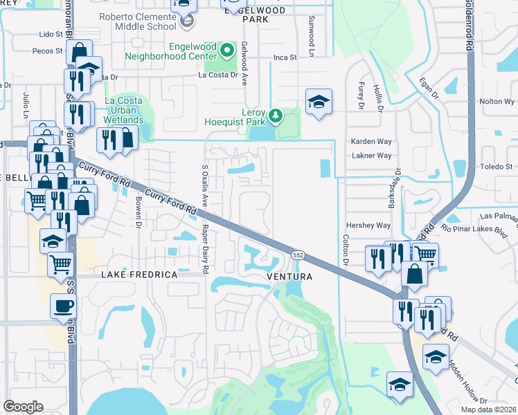 map of restaurants, bars, coffee shops, grocery stores, and more near 6265 Curry Ford Road in Orlando
