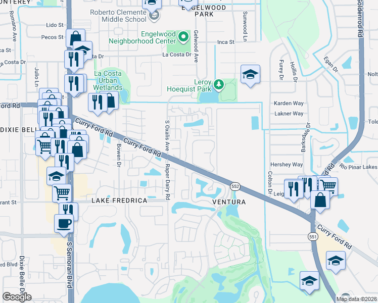 map of restaurants, bars, coffee shops, grocery stores, and more near 1882 Caralee Boulevard in Orlando