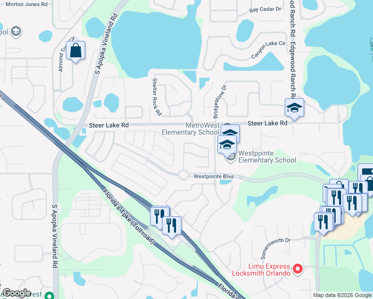 map of restaurants, bars, coffee shops, grocery stores, and more near 7675 Belvoir Drive in Orlando