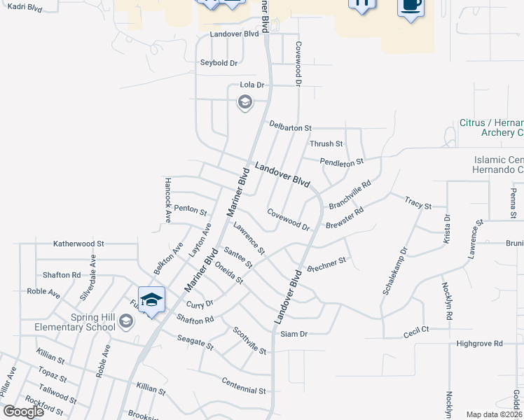 map of restaurants, bars, coffee shops, grocery stores, and more near 6299 Covewood Dr in Spring Hill