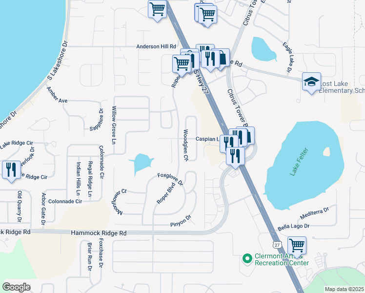 map of restaurants, bars, coffee shops, grocery stores, and more near 12123 Woodglen Circle in Clermont