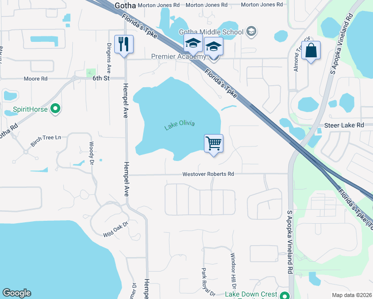 map of restaurants, bars, coffee shops, grocery stores, and more near 9547 Westover Roberts Road in Windermere