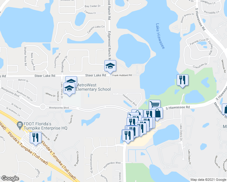 map of restaurants, bars, coffee shops, grocery stores, and more near 7291 Hawksnest Boulevard in Orlando