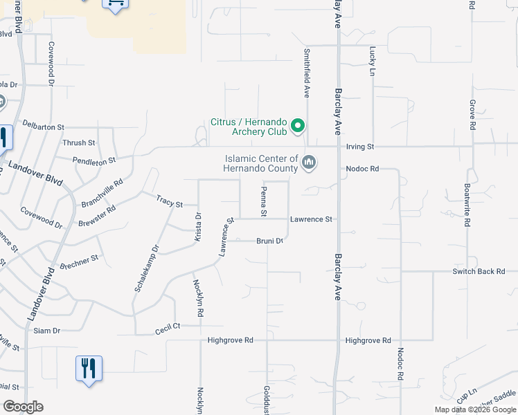 map of restaurants, bars, coffee shops, grocery stores, and more near 6225 Penna Street in Spring Hill