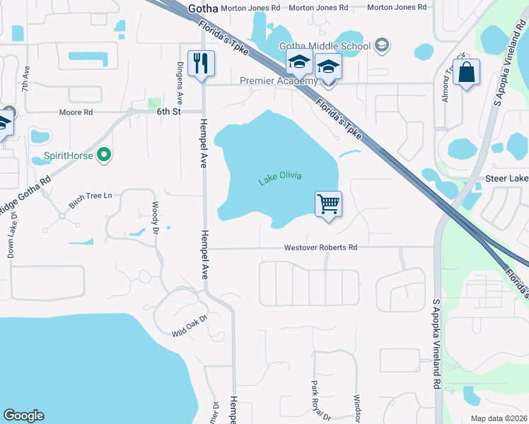 map of restaurants, bars, coffee shops, grocery stores, and more near 9633 Westover Roberts Road in Windermere