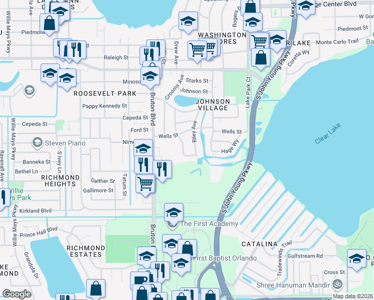 map of restaurants, bars, coffee shops, grocery stores, and more near 1815 Guinyard Way in Orlando