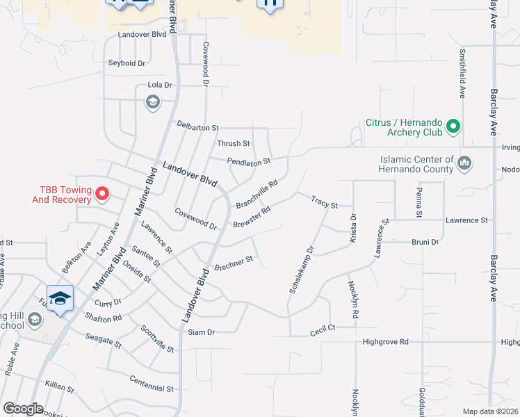 map of restaurants, bars, coffee shops, grocery stores, and more near 13287 Brewster Road in Spring Hill